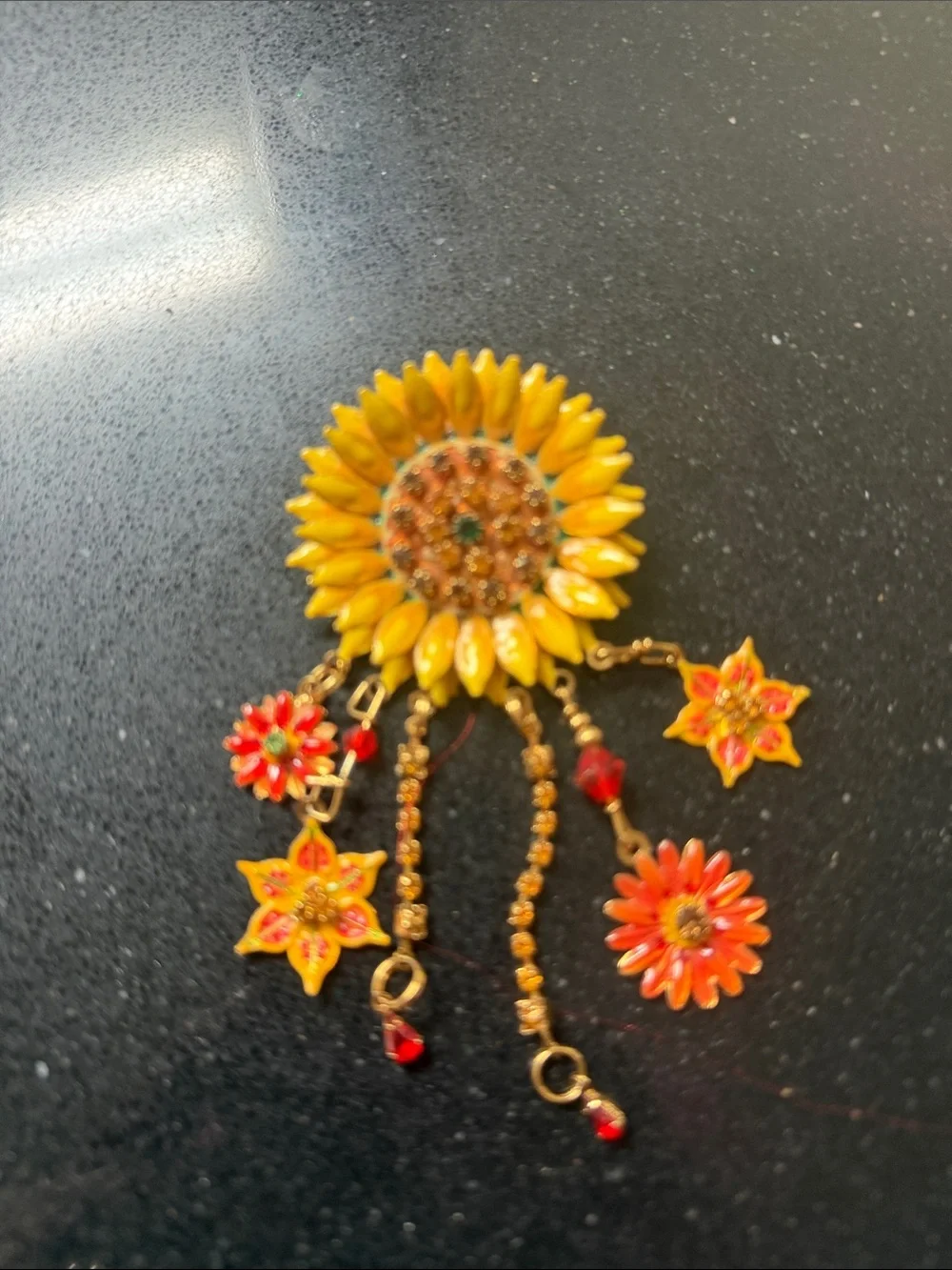 Sunflower & Floral Dangle Brooch Pin in Yellow and Orange
